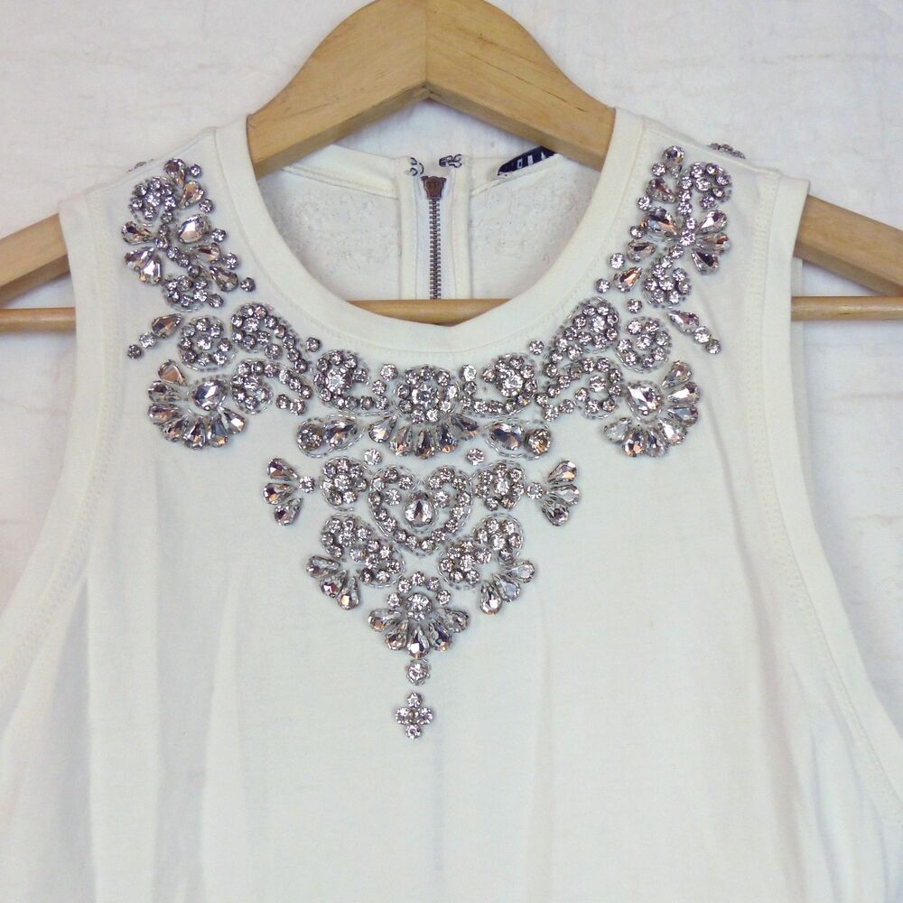Alice + Olivia Kappa Embellished Tank Top Womens S Off White Rhinestone Ruched - Picture 6 of 15